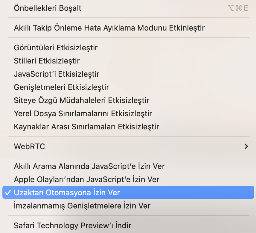 Safari Uzaktan Otomasyona İzin Ver