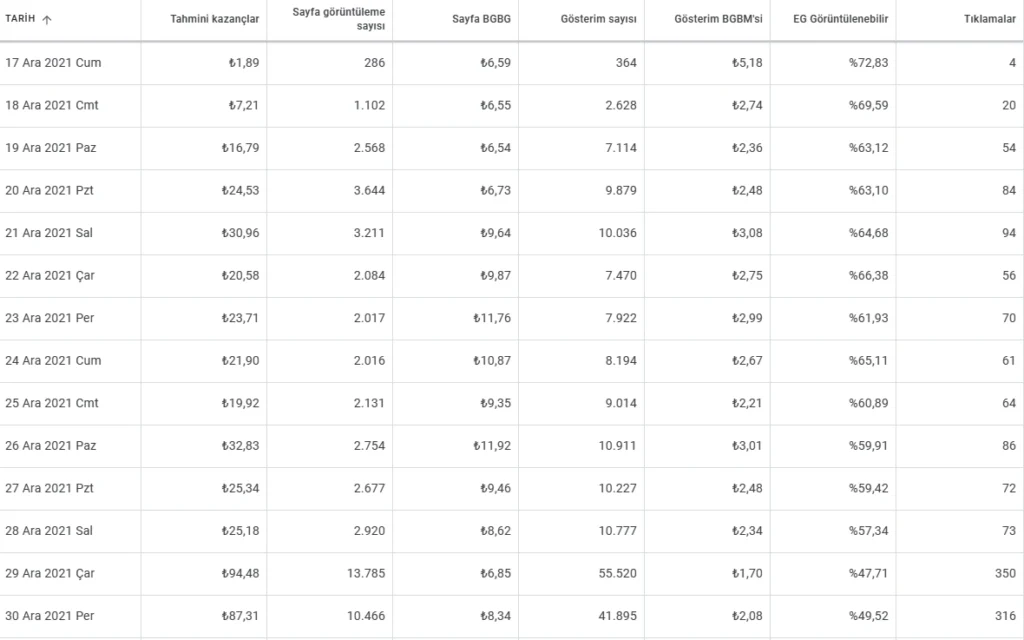 Mudos Digital tarafından yönetilen bir internet sitesinin belirli bir döneme ait reklam gelirlerini gösteren Adsense gelirleri tablosu
