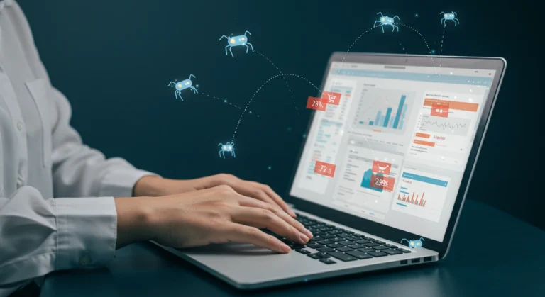 Bir kişinin dizüstü bilgisayarda fiyat takip programı kullanarak dijital grafik ve fiyat verilerini analiz ettiği sahne; ekranda otomatik veri toplayan küçük bot ikonları ve fiyat etiketleri yer alıyor.