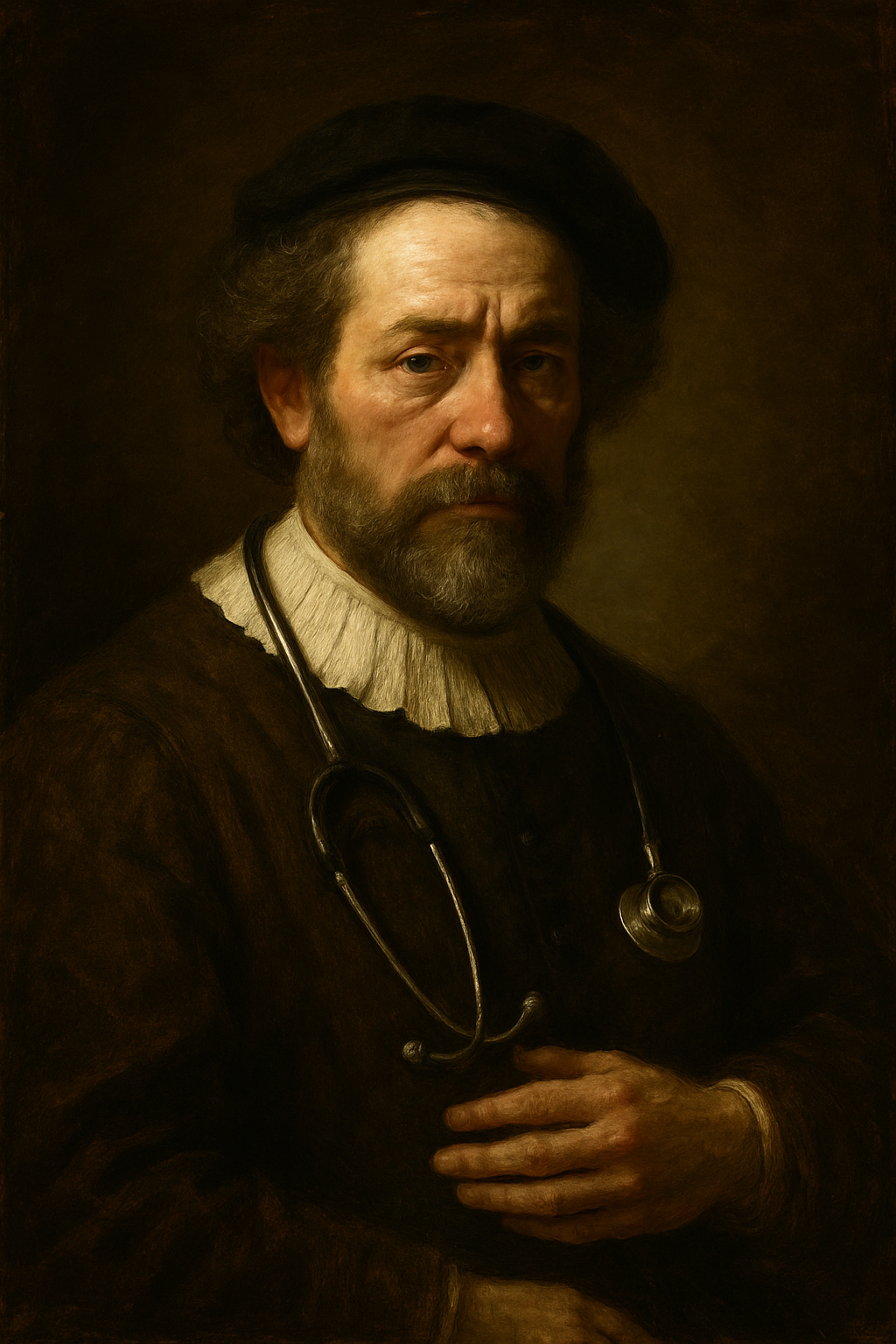 Rembrandt ışığı kullanılmış Barok tarzı bir doktor otoportresi