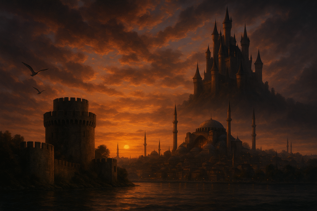 İstanbul'da film sahnesi için fotogerçekçi dijital matte painting, fantastik bir kale manzarası görseli