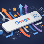 Google arama çubuğu etrafında yükselen ve alçalan oklar, istatistiksel grafikler, para simgeleri ve SEO ile ilgili terimlerin yer aldığı, arama motoru optimizasyonu ve web analitiği konseptini anlatan çizim.