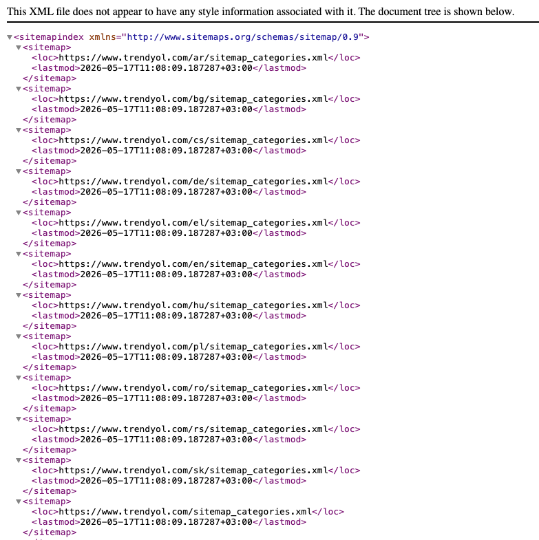 Trendyol’un XML sitemap index dosyasında farklı ülke ve dil dizinlerine ait sitemap_categories.xml dosyalarının ve son güncelleme tarihlerinin listelenmesi.