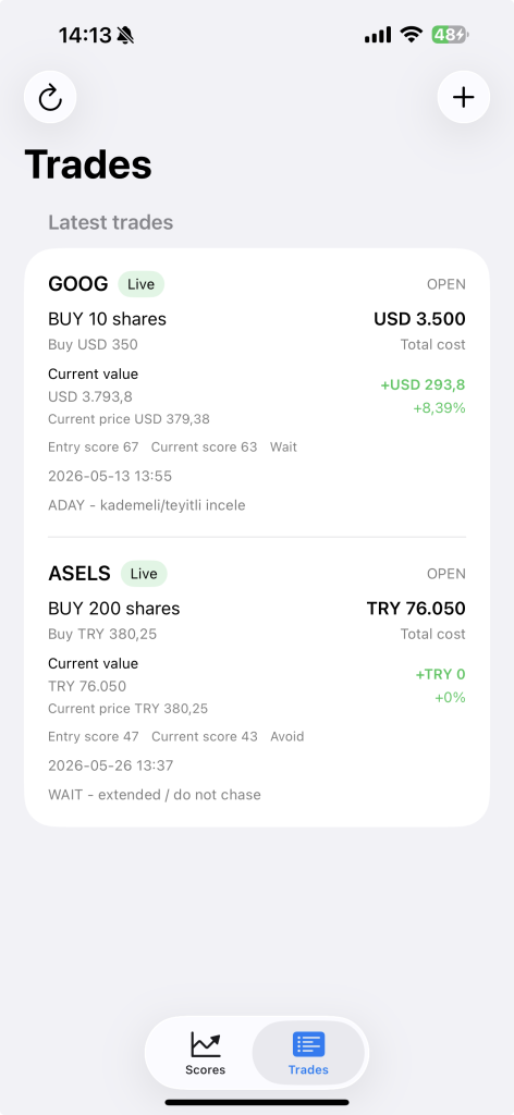 Mobile app new buy screen with a stock symbol search field, date and time selector, market field, currency picker, and quantity input for recording a trade.