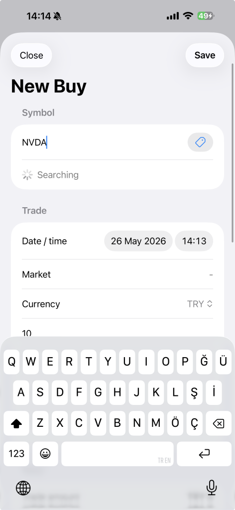 Mobile app trades screen with two open stock trades, showing GOOG and ASELS positions, live badges, buy quantity, total cost, current value, profit/loss, scores, and status.